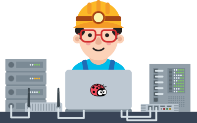 Profissional de TI trabalhando na manutenção do site com a marca LadyBug no notebook
